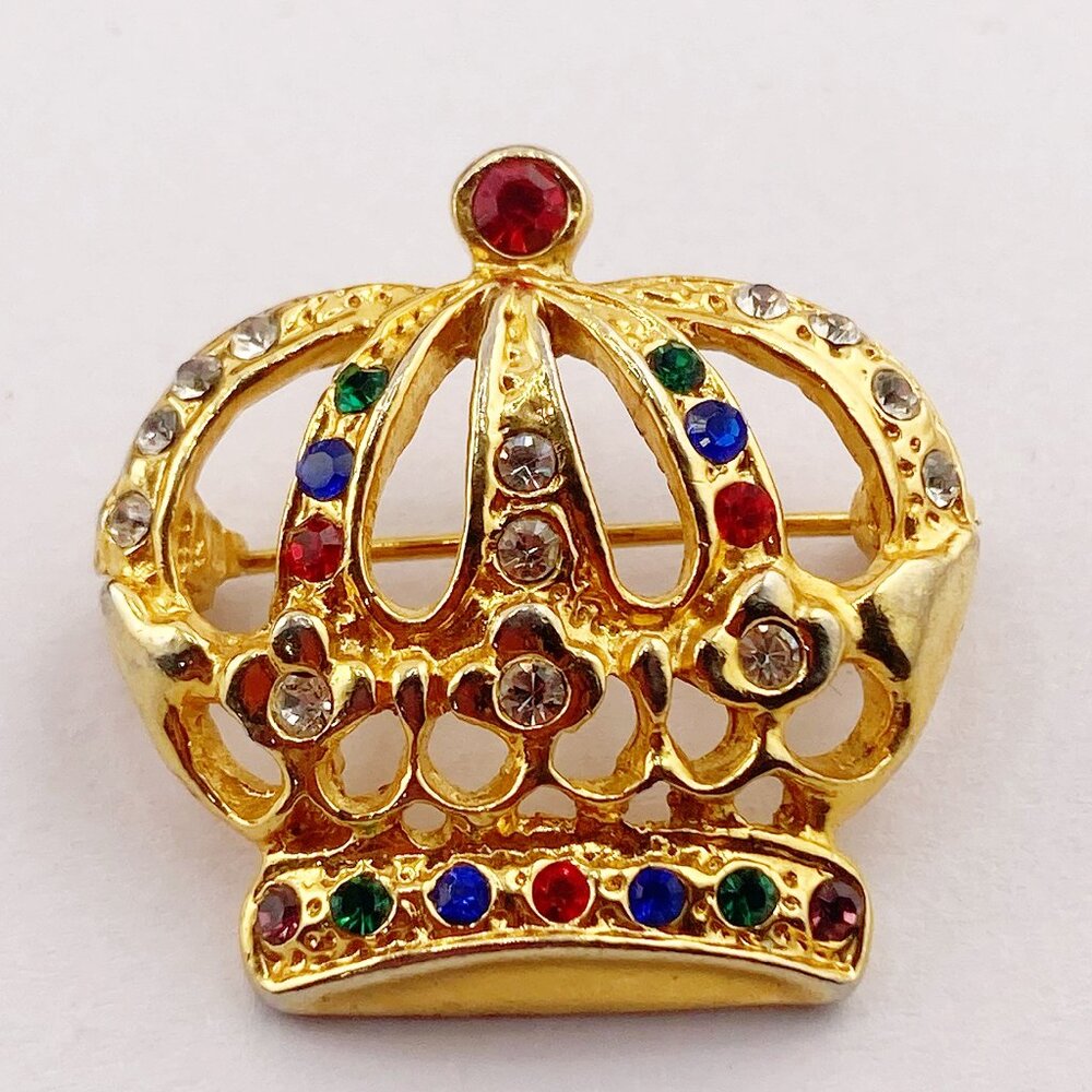 VINTAGE Gold tone metal and multi-colour rhinestone crown brooch jewelry pin - Picture 4 of 9